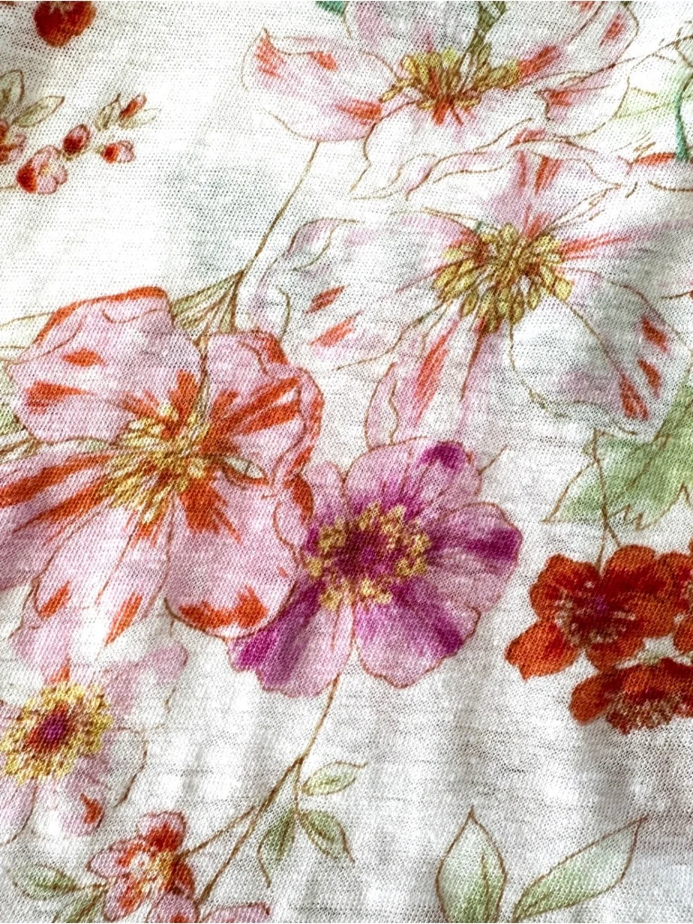 J. Jill Floral Short Sleeve Tee - White, Pink, Green, Relaxed Fit, Linen Knit - Picture 5 of 8